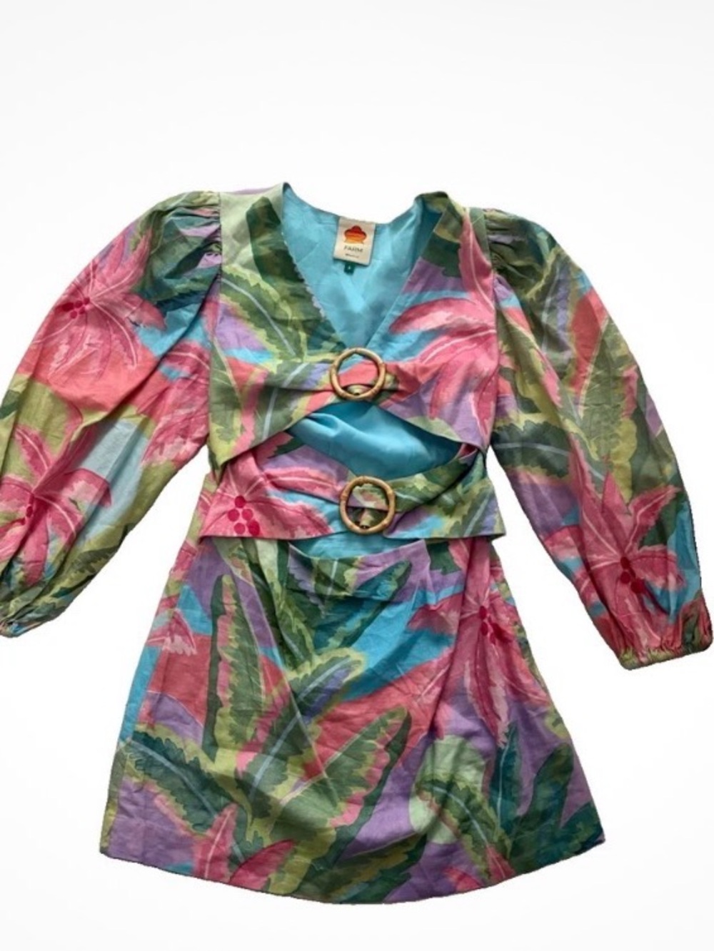 Farm Rio Tropical cut out Print Dress with bamboo rings linen blend size s - Picture 4 of 5